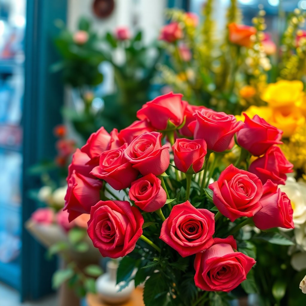 beautiful bouquet of roses in a florist shop