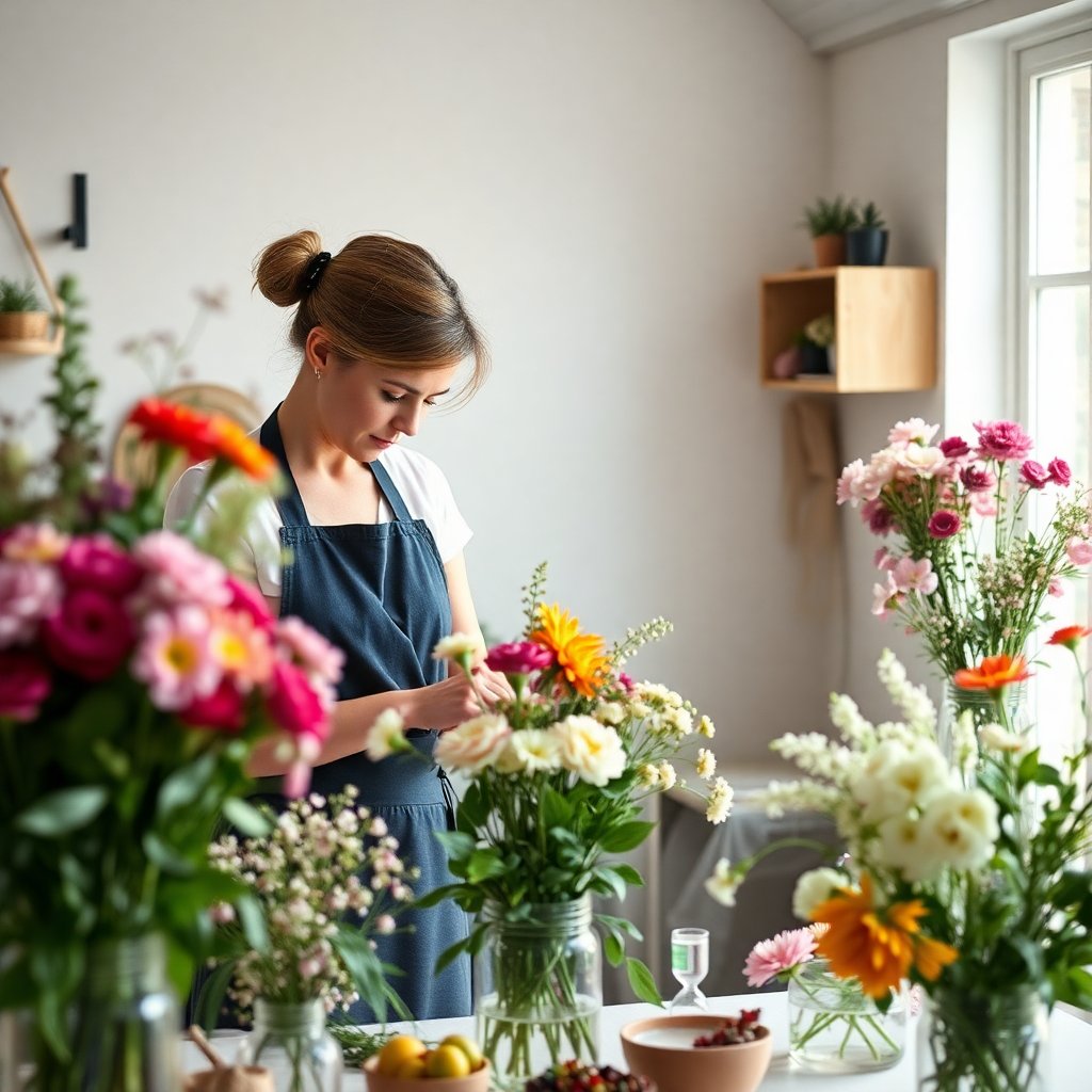 florist working with flowers in a bright studio